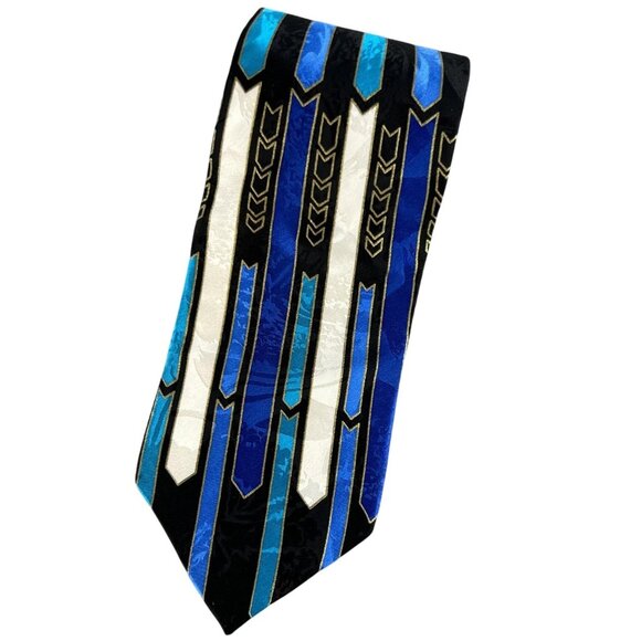 Albert Nipon  Mens Tie 00% Silk Blue Black Geometric Abstract Arrow Pattern USA - Picture 1 of 10